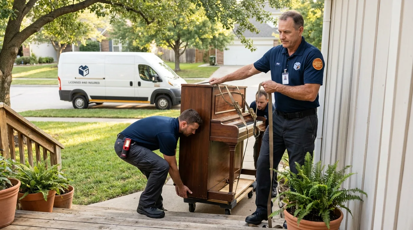 Licensed piano movers securing grand piano in Brussels, WI
