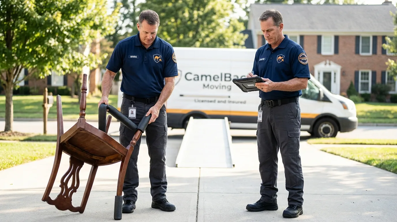 Movers inspecting furniture for damage prevention before loading in Brussels, WI