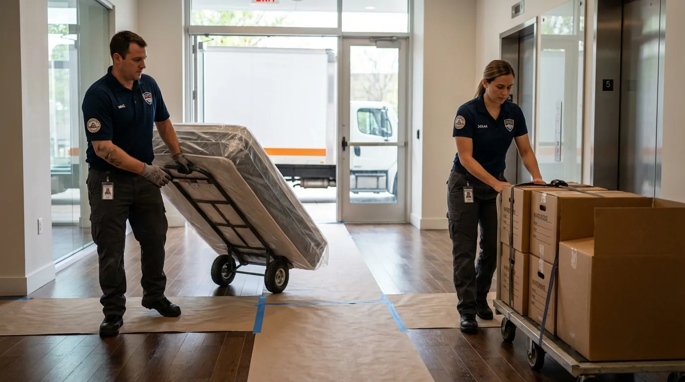 Professional apartment movers loading elevator in Brussels, WI