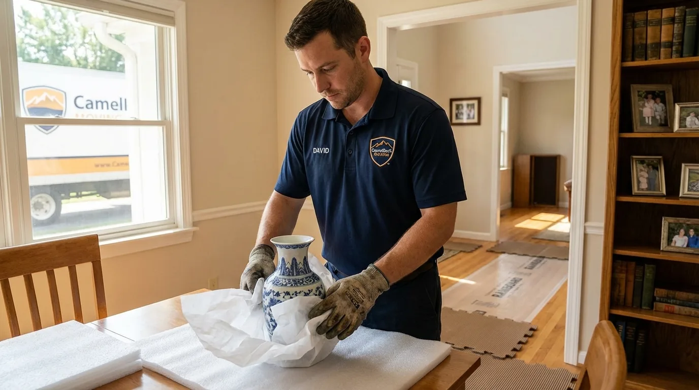 Professional crew carefully wrapping antique vase for senior downsizing move in Brussels, WI